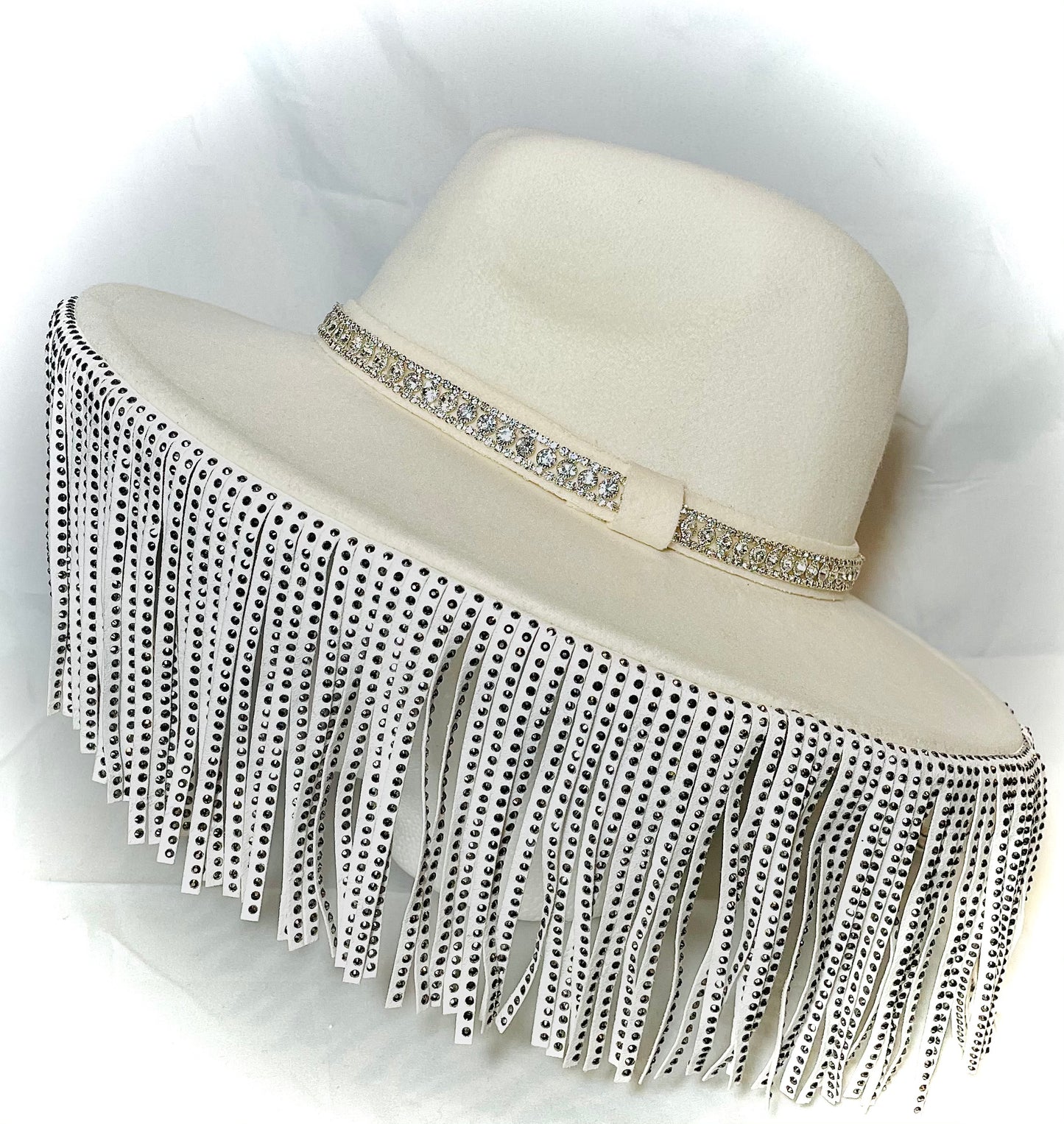 Cream Wool Hat with Vegan Leather Studded Fringe and Rhinestone Detail