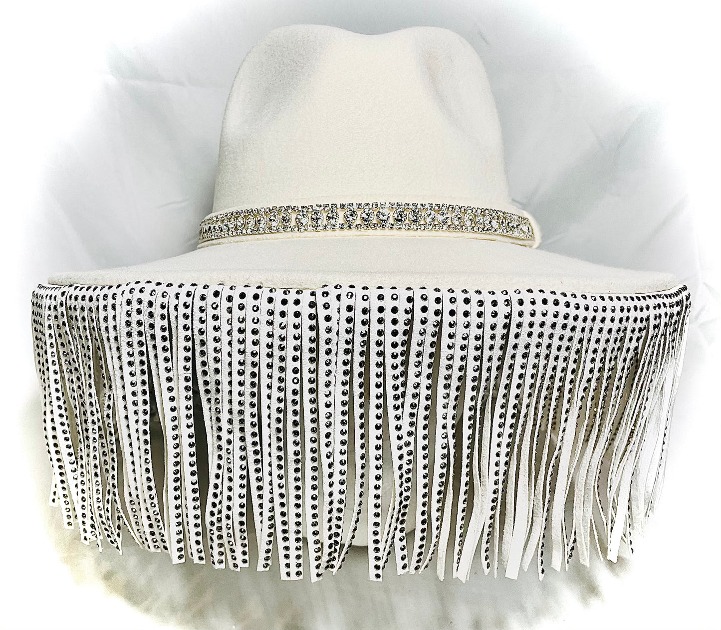 Cream Wool Hat with Vegan Leather Studded Fringe and Rhinestone Detail