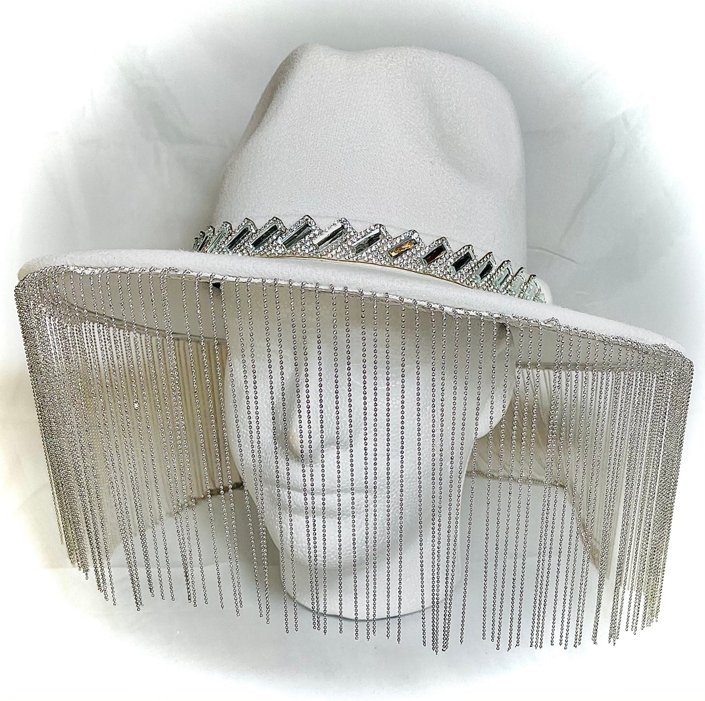 White Wool Hat with Chain Fringe and Crystal Trim Detail
