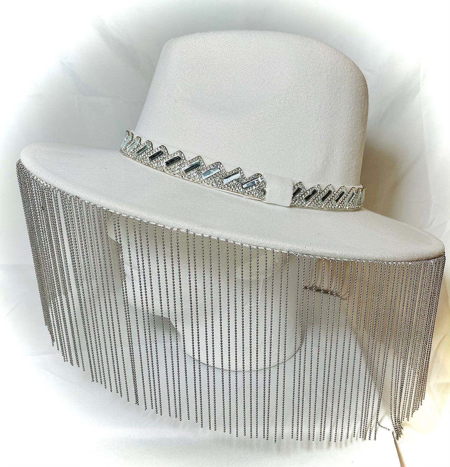 White Wool Hat with Chain Fringe and Crystal Trim Detail