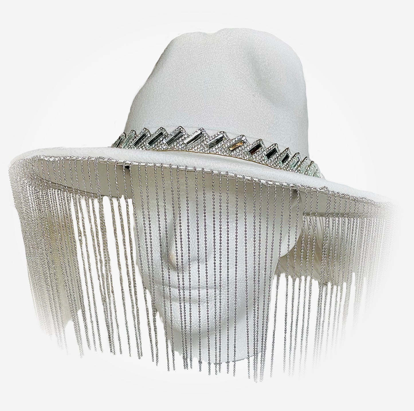 White Wool Hat with Chain Fringe and Crystal Trim Detail