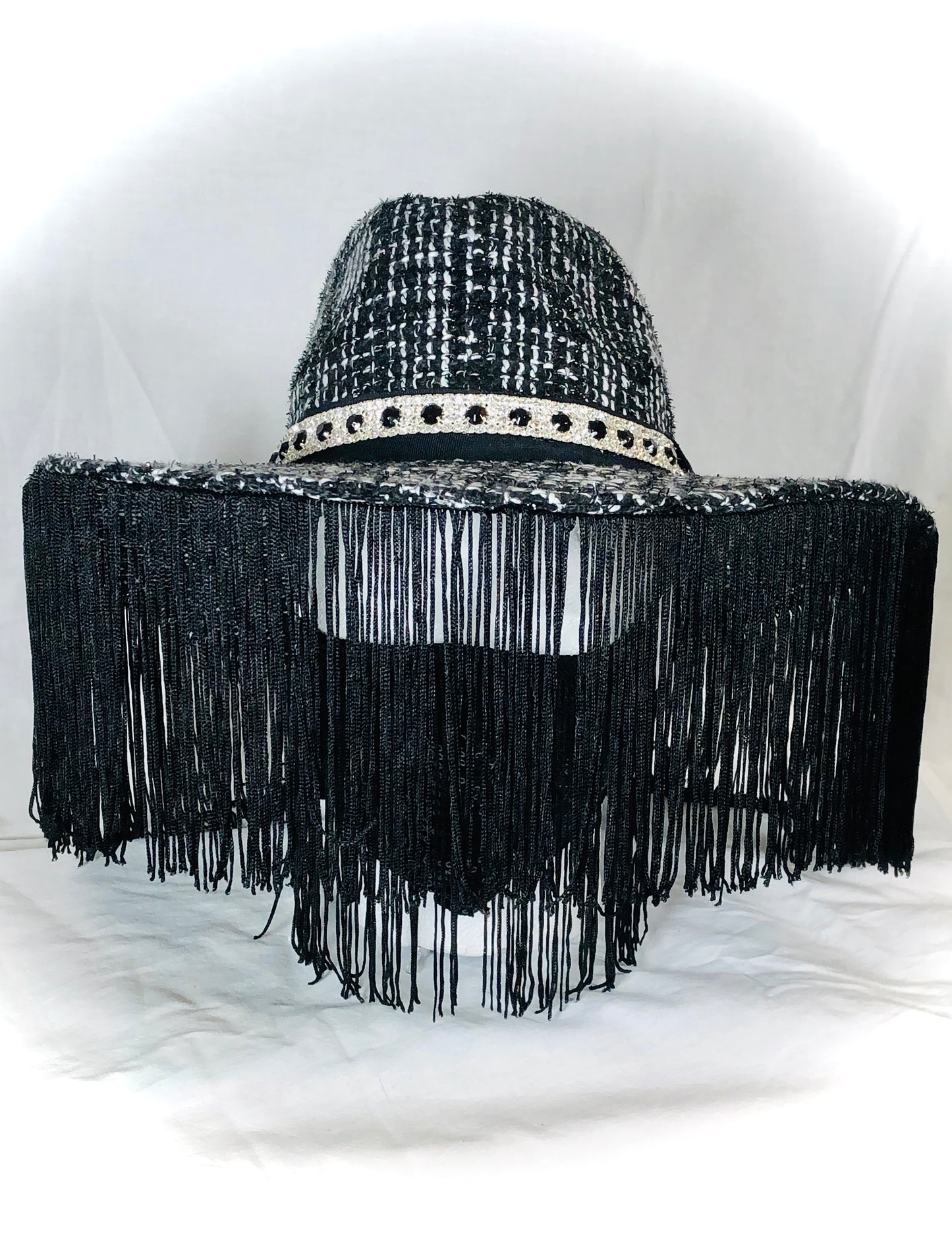 Black/White Knit Wool Hat with  Black Fringe and small Diamond Trim