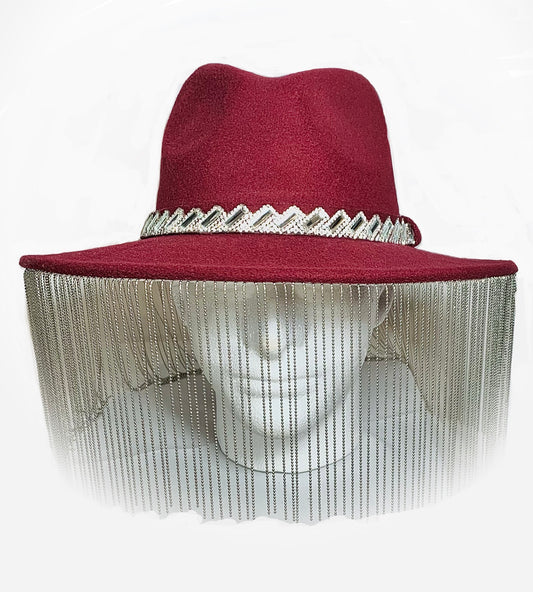 Deep Red Wool Hat with Chain Fringe and Crystal Detail