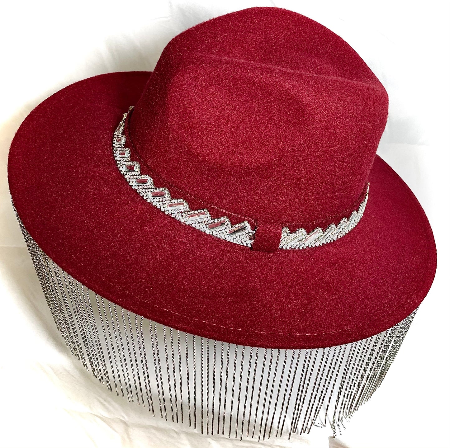 Deep Red Wool Hat with Chain Fringe and Crystal Detail