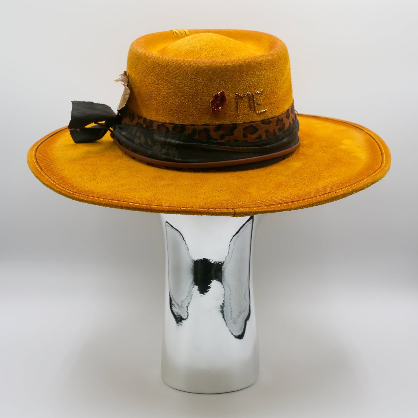 Rose and Gold Feather Wide Brim Hat - Burnt Orange