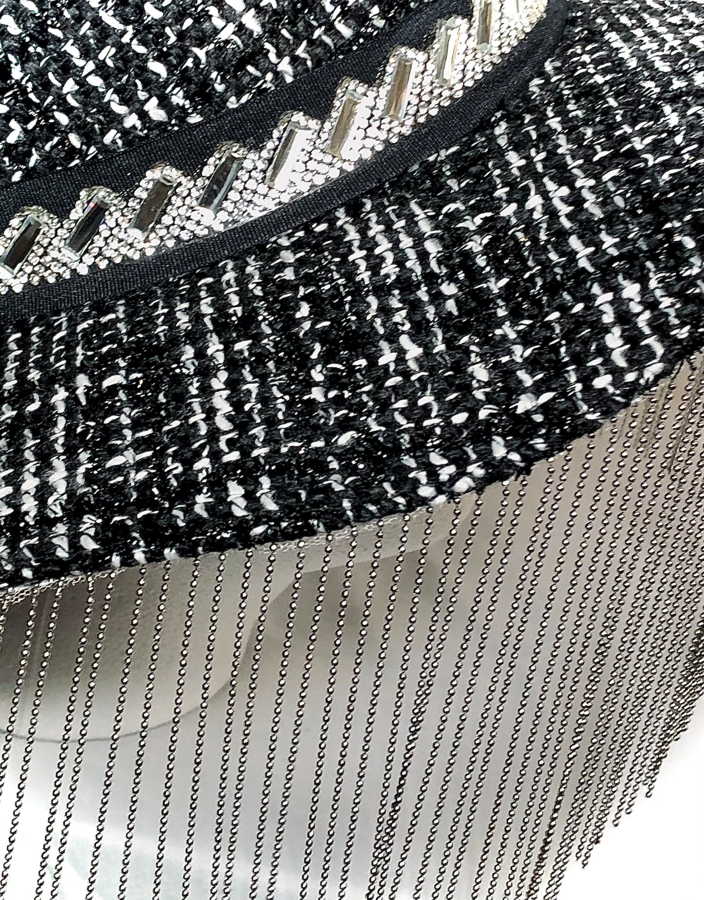 Black/White Wool Knit Hat with Crystal Trim and Chain Fringe