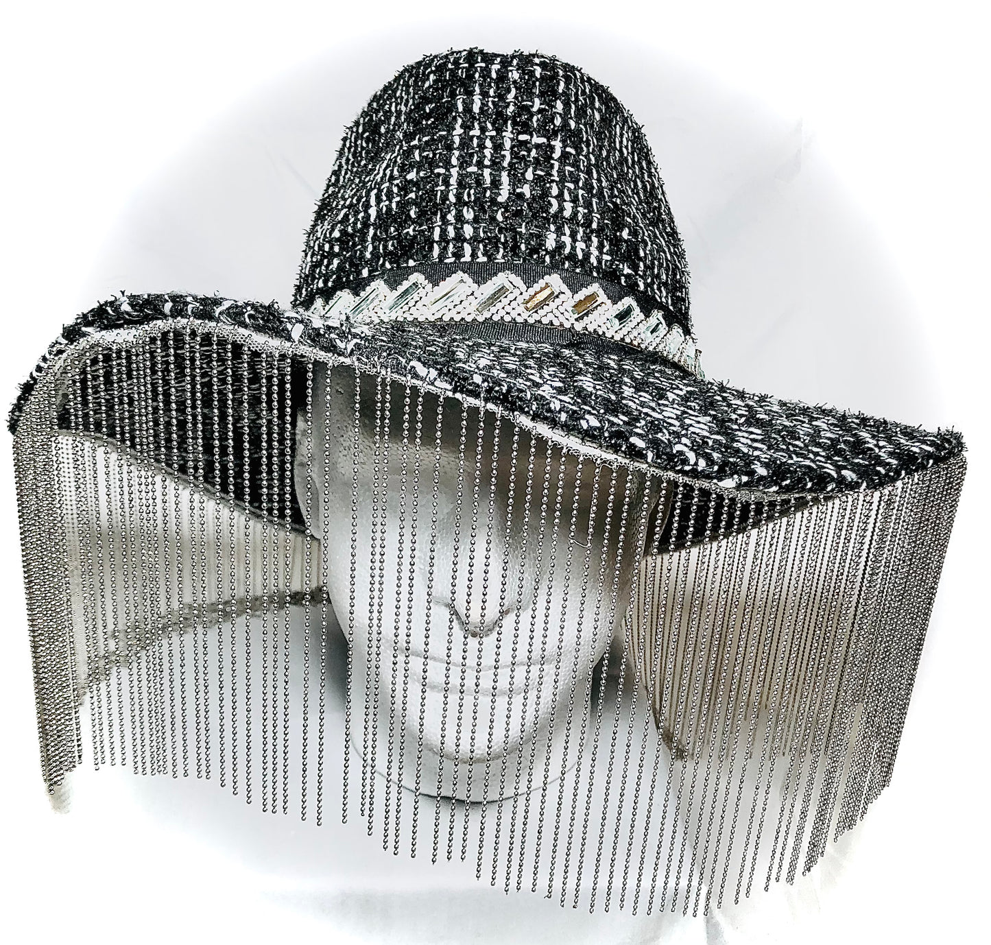 Black/White Wool Knit Hat with Crystal Trim and Chain Fringe
