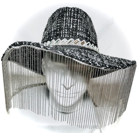 Black/White Wool Knit Hat with Crystal Trim and Chain Fringe