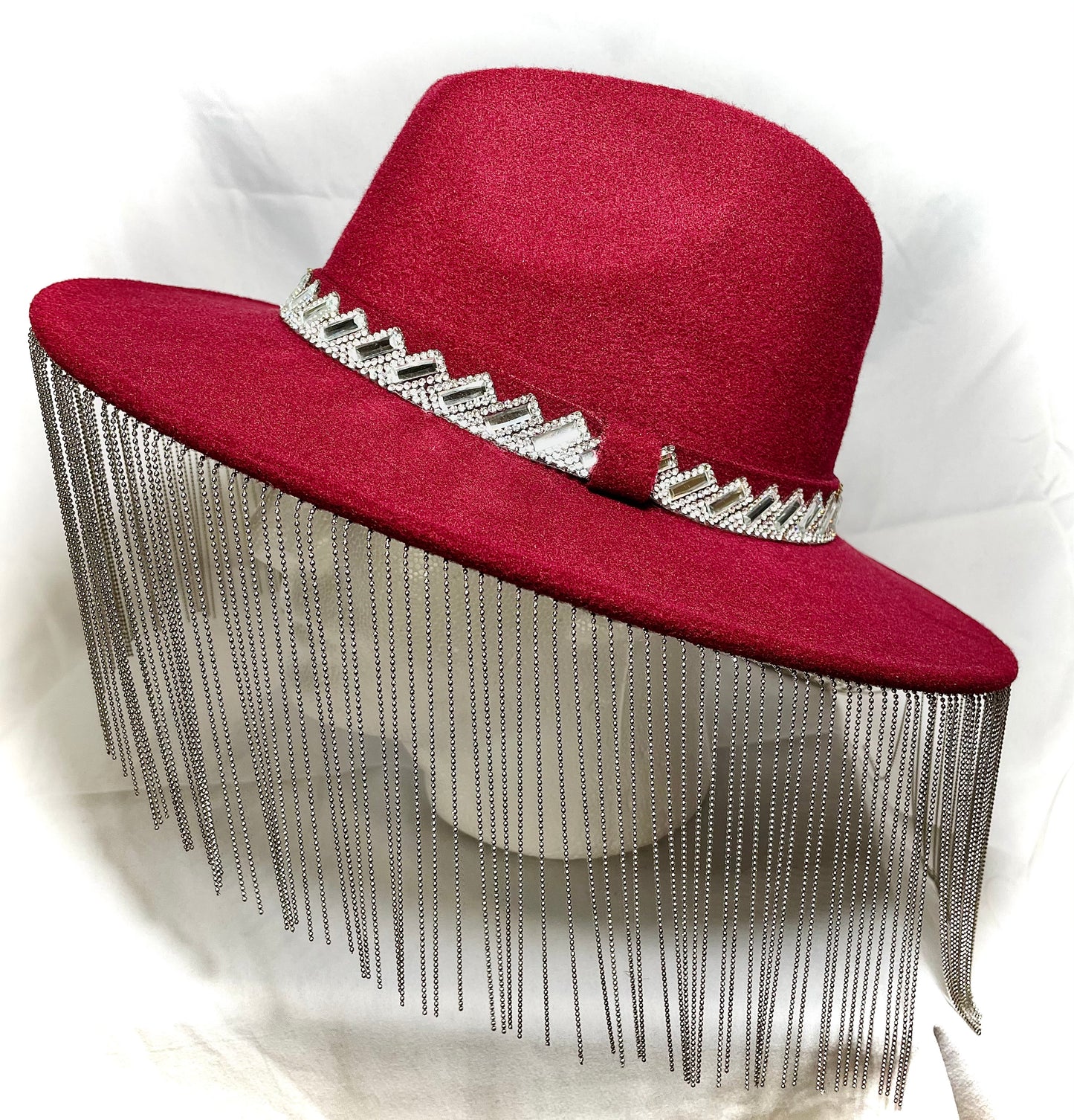 Deep Red Wool Hat with Chain Fringe and Crystal Detail