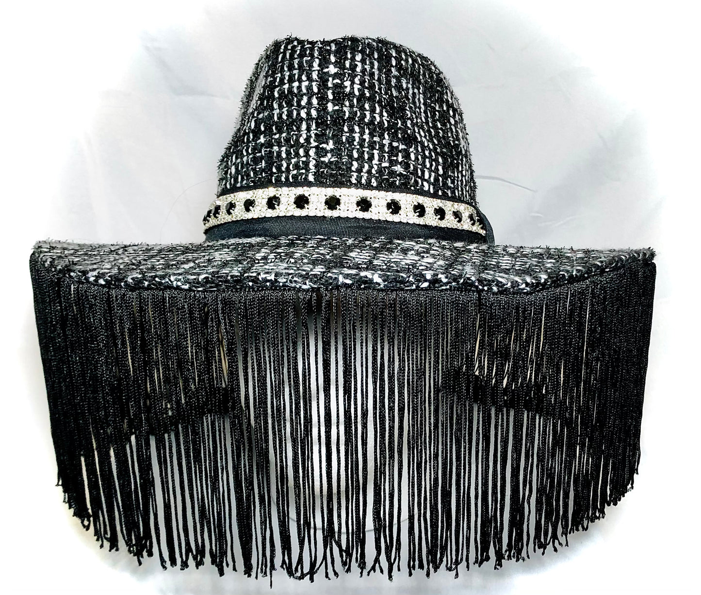 Black/White Knit Wool Hat with  Black Fringe and small Diamond Trim