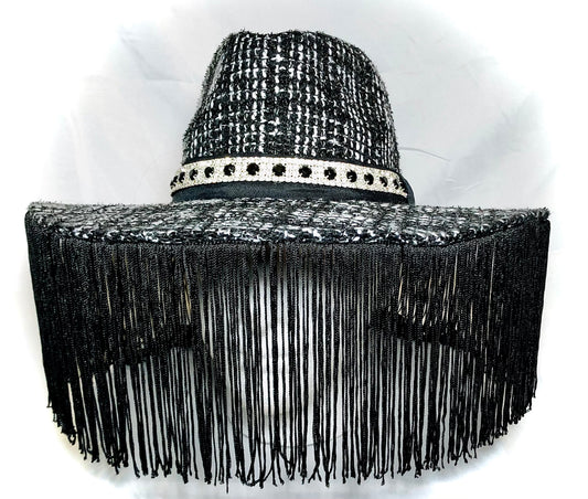 Black/White Knit Wool Hat with  Black Fringe and small Diamond Trim