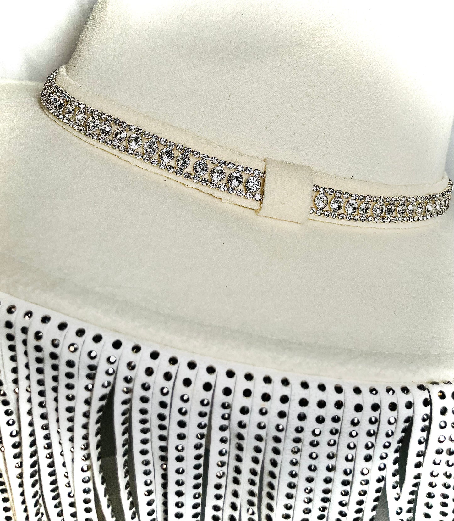 Cream Wool Hat with Vegan Leather Studded Fringe and Rhinestone Detail
