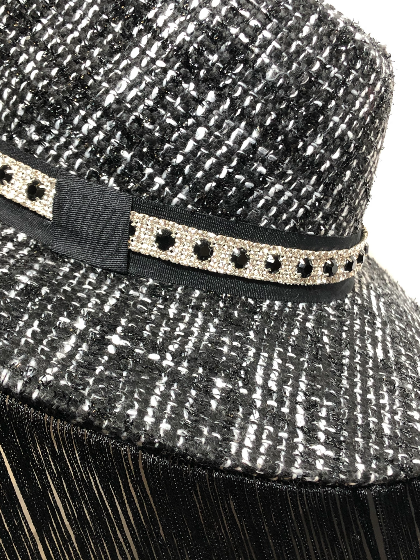 Black/White Knit Wool Hat with  Black Fringe and small Diamond Trim