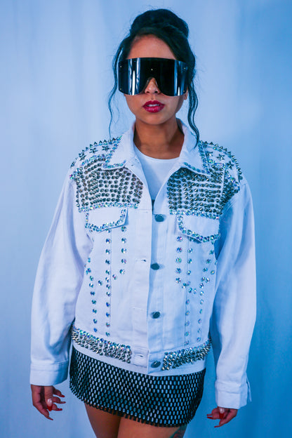 Rhinestone Rocker Denim Jacket - White