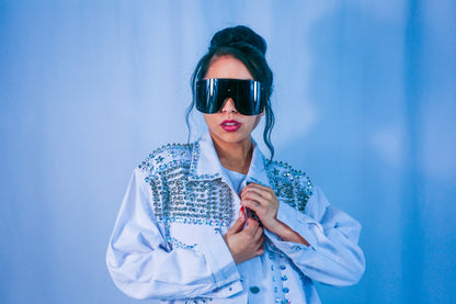 Rhinestone Rocker Denim Jacket - White