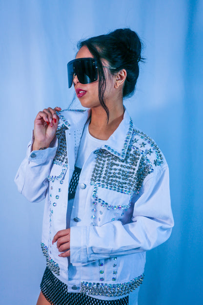 Rhinestone Rocker Denim Jacket - White