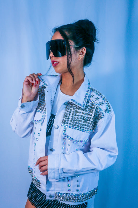 Rhinestone Rocker Denim Jacket - White