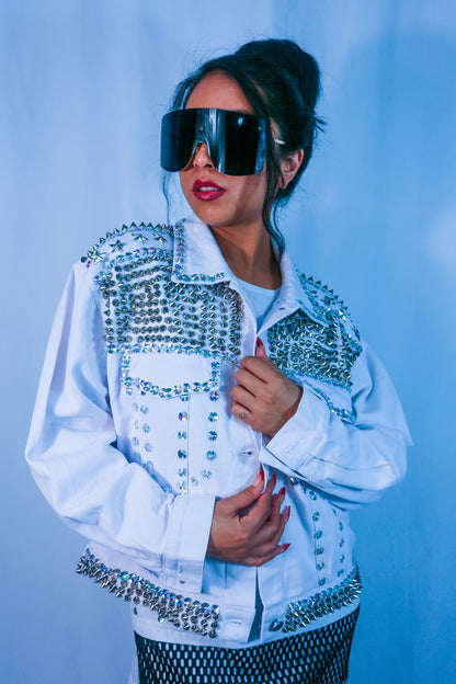 Rhinestone Rocker Denim Jacket - White