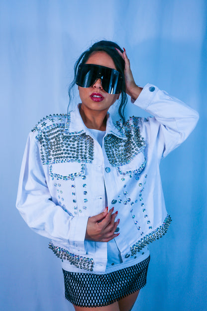 Rhinestone Rocker Denim Jacket - White