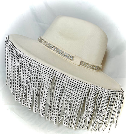 Cream Wool Hat with Vegan Leather Studded Fringe and Rhinestone Detail