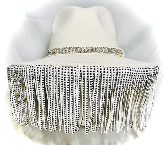 Cream Wool Hat with Vegan Leather Studded Fringe and Rhinestone Detail