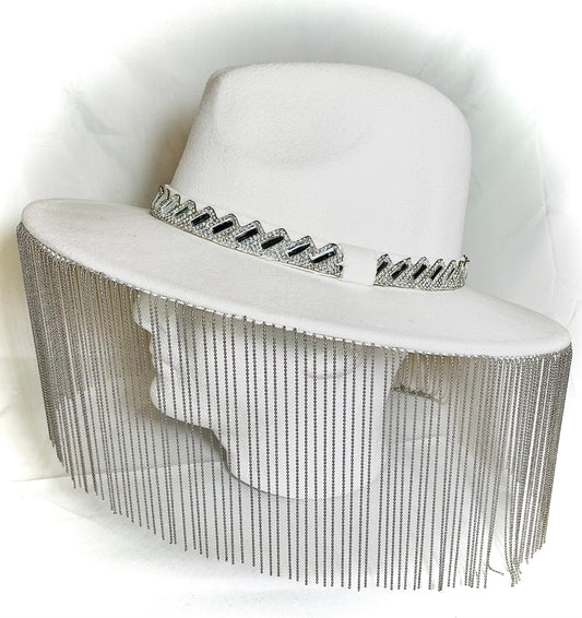 White Wool Hat with Chain Fringe and Crystal Trim Detail
