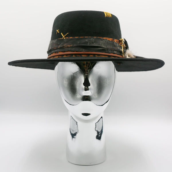 Rose and Gold Feather Wide Brim Hat - Black