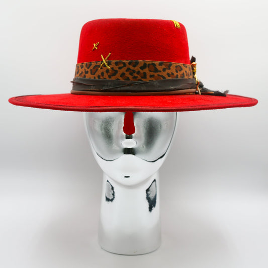 Rose and Gold Feather Wide Brim Hat - Scarlet