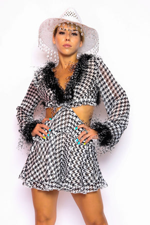 Hounds tooth Romper Dress with Peacock Feathers