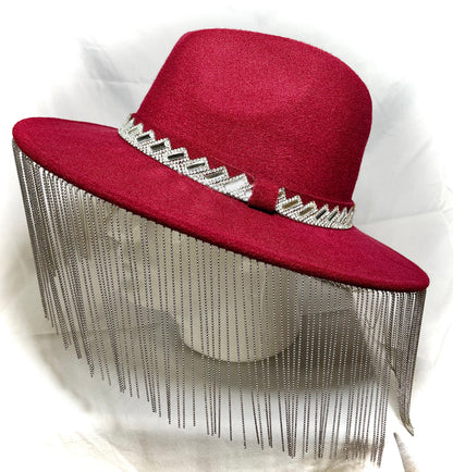 Deep Red Wool Hat with Chain Fringe and Crystal Detail