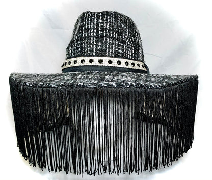Black/White Knit Wool Hat with  Black Fringe and small Diamond Trim