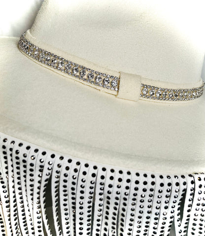 Cream Wool Hat with Vegan Leather Studded Fringe and Rhinestone Detail