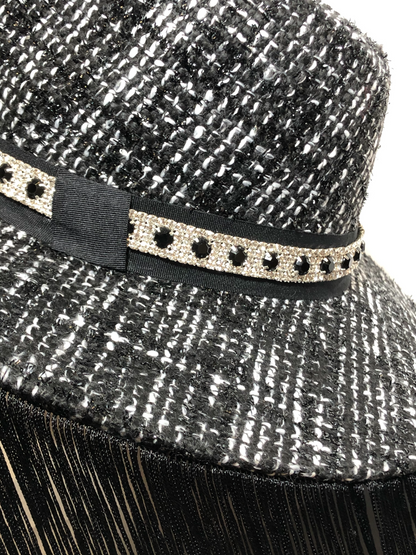 Black/White Knit Wool Hat with  Black Fringe and small Diamond Trim